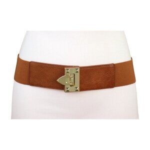 Women Brown Elastic Waistband Fashion Belt Gold Metal Square Buckle Size S M